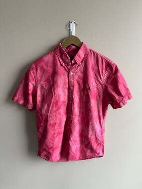 Polo Ralph Lauren Slim Fit Short Sleeve Button Down Shirt Pink Tie Dye Size L